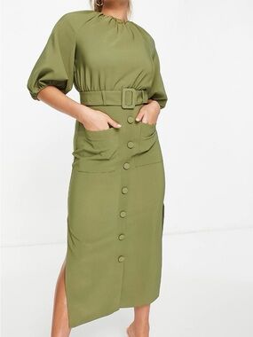 ASOS Design Puff Sleeve Belted Midi Dress with  Button down Front
